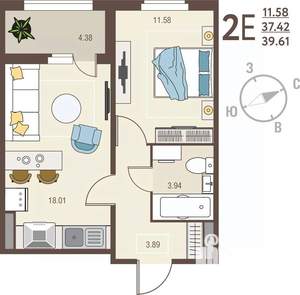 1-к квартира, вторичка, 40м2, 8/17 этаж