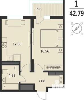 1-к квартира, вторичка, 43м2, 4/16 этаж