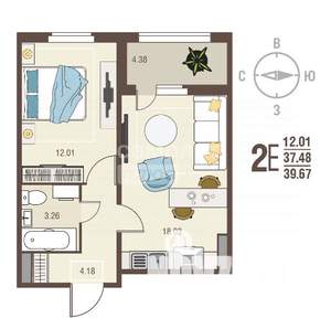1-к квартира, вторичка, 40м2, 14/17 этаж