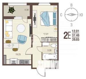 1-к квартира, вторичка, 40м2, 12/17 этаж