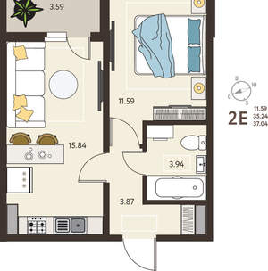 1-к квартира, вторичка, 37м2, 12/18 этаж