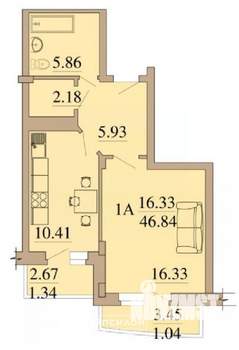 1-к квартира, вторичка, 46м2, 2/13 этаж