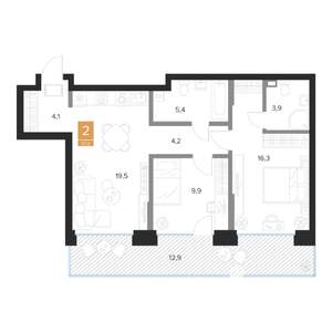 2-к квартира, вторичка, 67м2, 1/16 этаж