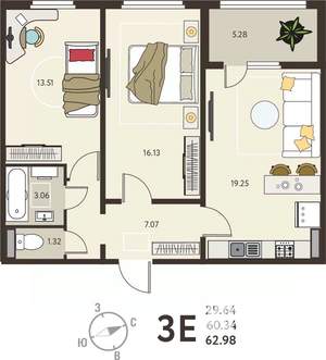 2-к квартира, вторичка, 63м2, 13/18 этаж