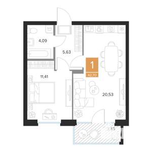 1-к квартира, вторичка, 43м2, 6/9 этаж