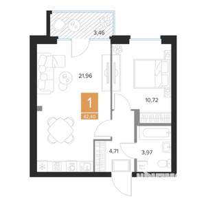 1-к квартира, вторичка, 42м2, 1/9 этаж
