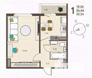 1-к квартира, вторичка, 35м2, 1/17 этаж