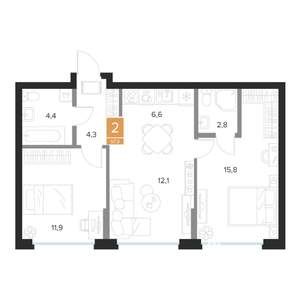 2-к квартира, строящийся дом, 58м2, 3/16 этаж