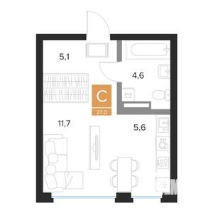 Студия квартира, вторичка, 27м2, 2/16 этаж