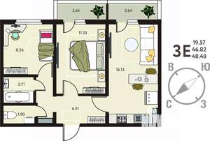 2-к квартира, вторичка, 48м2, 16/17 этаж