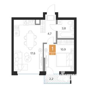 1-к квартира, строящийся дом, 38м2, 9/16 этаж