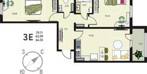 2-к квартира, вторичка, 64м2, 4/18 этаж