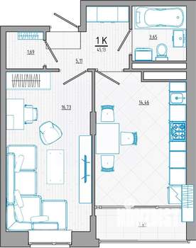 2-к квартира, строящийся дом, 46м2, 5/8 этаж