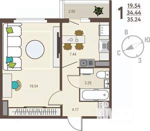 1-к квартира, вторичка, 35м2, 3/17 этаж