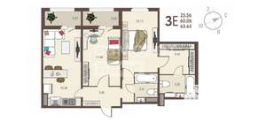 2-к квартира, вторичка, 64м2, 8/17 этаж