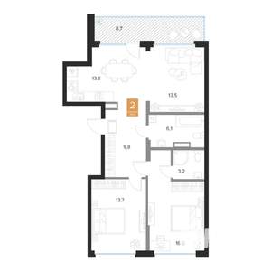 2-к квартира, строящийся дом, 79м2, 8/16 этаж