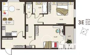 2-к квартира, вторичка, 67м2, 14/18 этаж