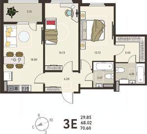 2-к квартира, вторичка, 71м2, 10/18 этаж