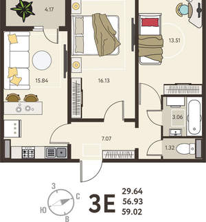 2-к квартира, вторичка, 59м2, 15/18 этаж