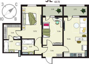 2-к квартира, вторичка, 64м2, 4/18 этаж