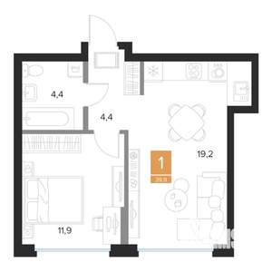 1-к квартира, строящийся дом, 40м2, 9/16 этаж