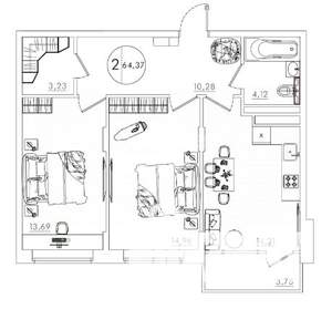2-к квартира, вторичка, 64м2, 3/10 этаж