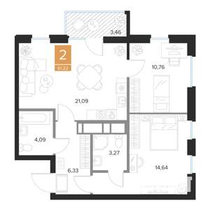 2-к квартира, строящийся дом, 61м2, 6/9 этаж