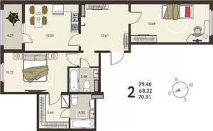 2-к квартира, вторичка, 70м2, 15/18 этаж