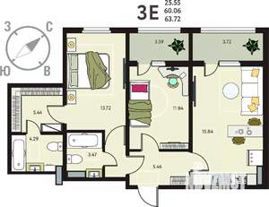 2-к квартира, вторичка, 64м2, 8/17 этаж