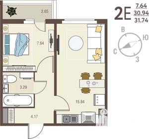 1-к квартира, вторичка, 32м2, 4/17 этаж