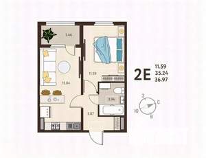 1-к квартира, строящийся дом, 37м2, 2/17 этаж