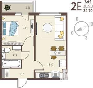 1-к квартира, вторичка, 35м2, 1/17 этаж