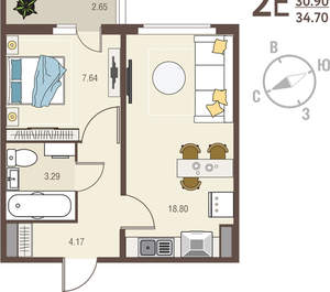 1-к квартира, вторичка, 35м2, 7/17 этаж