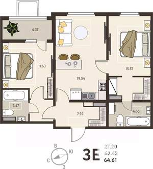 2-к квартира, вторичка, 65м2, 1/18 этаж