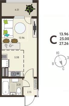 Студия квартира, вторичка, 27м2, 17/18 этаж