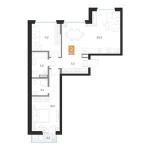 2-к квартира, вторичка, 73м2, 5/16 этаж