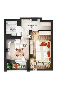 1-к квартира, вторичка, 42м2, 11/21 этаж