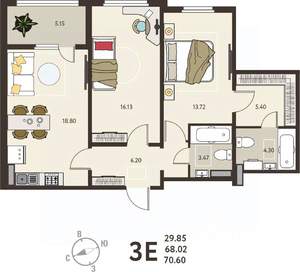 2-к квартира, вторичка, 71м2, 17/18 этаж