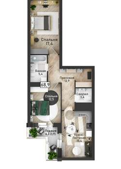 3-к квартира, вторичка, 69м2, 4/21 этаж