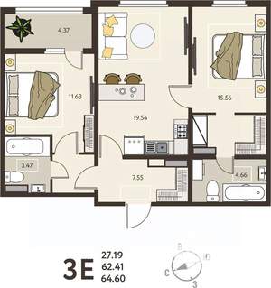 2-к квартира, вторичка, 65м2, 2/18 этаж
