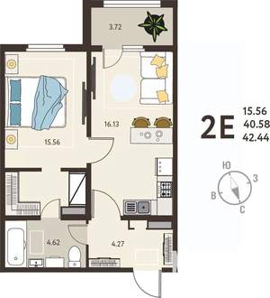 1-к квартира, вторичка, 42м2, 14/18 этаж