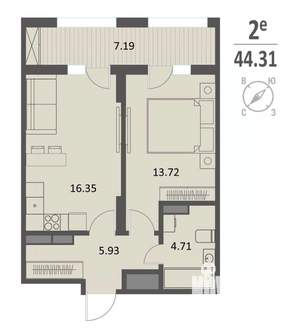 1-к квартира, строящийся дом, 44м2, 8/16 этаж