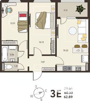 2-к квартира, вторичка, 63м2, 5/18 этаж