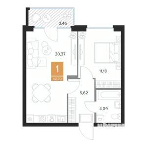 1-к квартира, вторичка, 42м2, 1/9 этаж