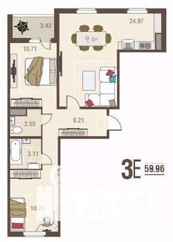 2-к квартира, вторичка, 60м2, 1/10 этаж