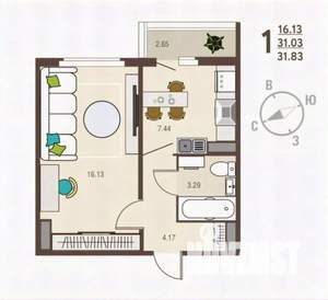 1-к квартира, вторичка, 32м2, 2/17 этаж