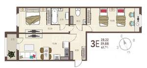 2-к квартира, вторичка, 62м2, 10/17 этаж