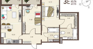 2-к квартира, вторичка, 68м2, 11/17 этаж