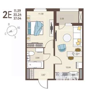 2-к квартира, вторичка, 37м2, 15/17 этаж