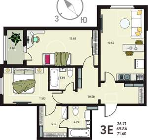 2-к квартира, вторичка, 72м2, 4/18 этаж